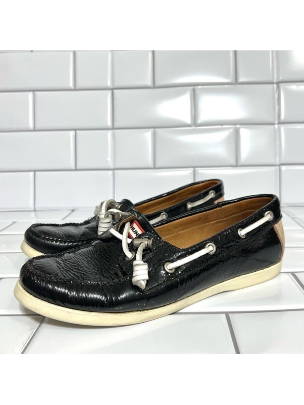 Hunter Willemberg Boat Shoes Black Patent Leather Slip On WLBG1124 Size 7.5